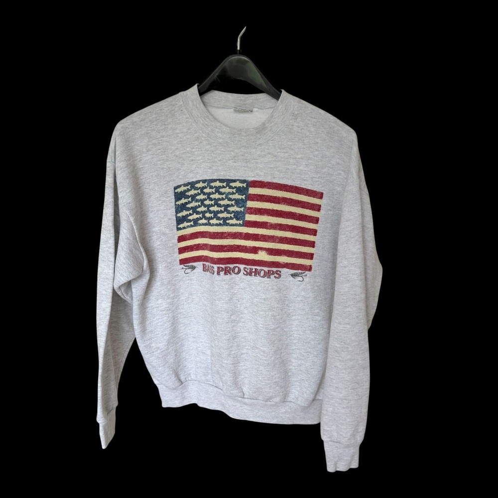 90's Bass Pro Shops American Flag Fish Sweatshirt Gray Large‎ Pullover